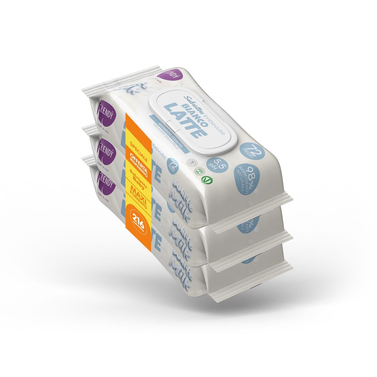 Clendy Salviettine Imbevute Bianco Latte – Maxi Formato 3x72 (216 pezzi)