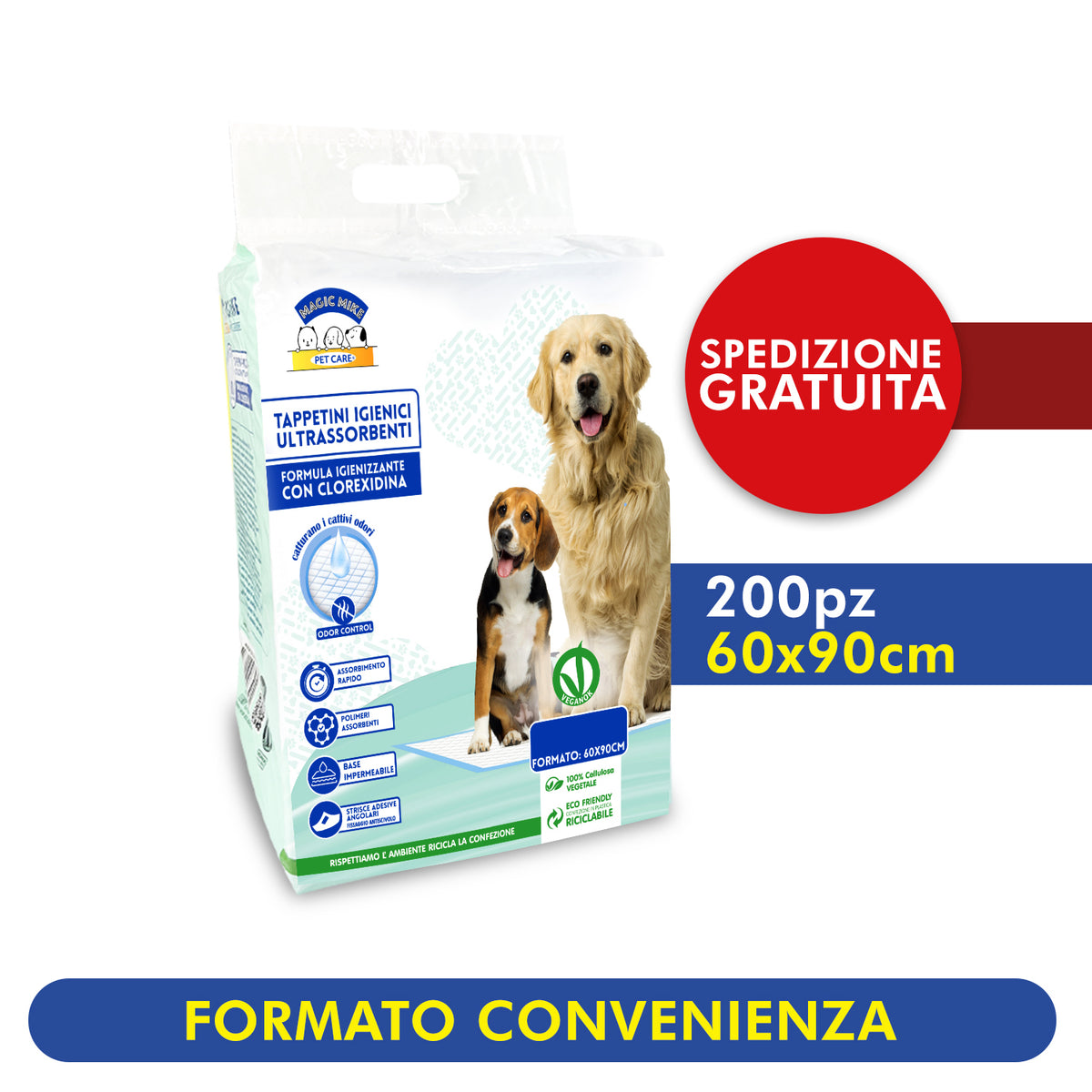 Confezione da 200pz - Tappetini Assorbenti Cani Magic Mike Clorexidina 60x90cm